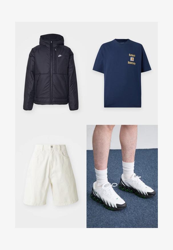 Black, padded Nike jacket with a front zipper and hood. Features a white logo on the left chest and dual front pockets. Smooth exterior texture.; Navy blue cotton t-shirt with short sleeves, featuring gold text "Carhartt University" and a logo patch on the left chest.; White denim shorts with a relaxed fit, featuring a waistband, five pockets, and straight legs. The fabric has a slight texture.; White athletic shoes with black accents and green cushioning. Features a textured upper, lace-up closure, and visible brand logo.