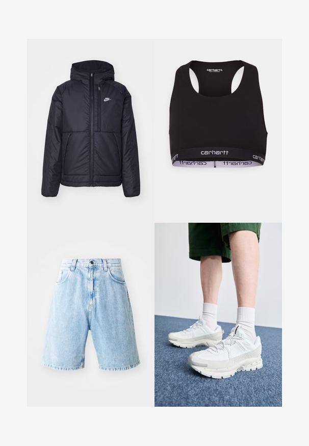 Čierna, polstrovaná bunda Nike so zipsom vpredu a kapucňou. Na ľavej strane hrude sa nachádza biele logo a sú tu dva predné vrecká. Hladký vonkajší povrch.; Čierny športový podprsenka s okrúhlym výstrihom a dizajnom so závodným chrbtom. Obsahuje zosilnený pás s bielym brandingom "Carhartt". Mäkka textúra látky.; Svetlomodré riflové šortky s vysokým pásom, obsahujúce dve predné vrecká, zapínanie na gombík a rozstrapkaný lem. Bezstarostný strih.; Biele športové topánky s textúrovanými prešívaniami, robustnou podrážkou a sivými akcentami. Nosené s bielymi ponožkami po členky a zelenými šortkami na modrom povrchu.