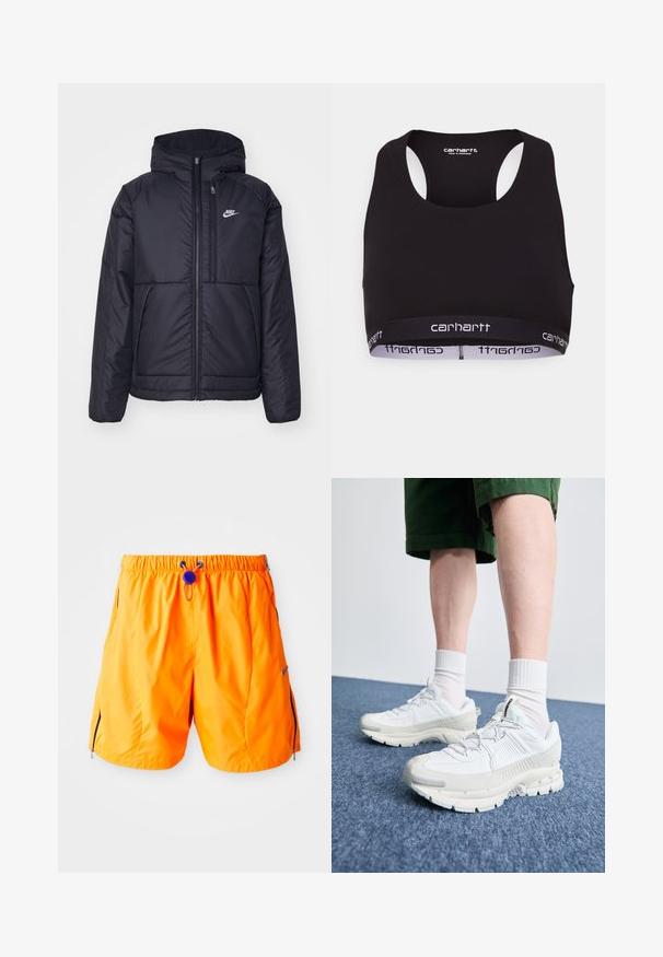 Jachetă Nike neagră, căptușită, cu fermoar pe față și glugă. Prezintă un logo alb pe pieptul stâng și două buzunare frontale. Textură exterioară netedă.; Sutien sport negru cu decolteu rotund și design tip racerback. Dispune de un elastic întărit cu brandul alb "carhartt". Textură moale a materialului.; Shorts atletici portocalii cu talie elastică, șnur ajustabil și buzunare laterale cu fermoar. Fabricate dintr-un material neted și ușor.; Pantofi sport albi cu suprapuneri texturate, talpă masivă și accente gri. Purtați cu șosete albe până la glezne și pantaloni scurți verzi pe o suprafață albastră.