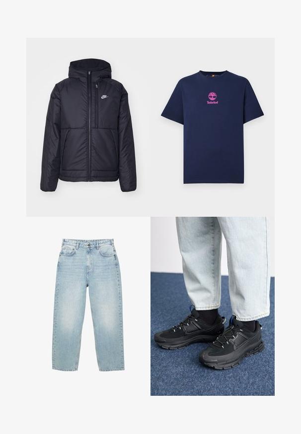 Fekete, párnázott Nike dzseki elülső cipzárral és kapucnival. A bal mellen fehér logó található, valamint két elülső zseb. Simának tűnő külső felület.; Sötétkék pamut póló kerek nyakkal és rövid ujjakkal. Az elülső részén rózsaszín Timberland logó található fával díszítve.; Világoskék, magas derekú farmernadrág, egyenes lábakkal, elülső és hátsó zsebekkel, valamint gombos záródással, látható varrásokkal.; Fekete sportcipők texturált anyaggal és gumitalppal, elasztikus fűzőkkel és kék kiegészítővel a saroknál. Világos farmernadrággal viselve.