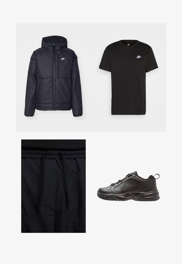Svart, polstret Nike-jakke med frontglidelås og hette. Har en hvit logo på venstre bryst og doble frontlommer. Glatt ytterside.; Svart bomull T-skjorte med kort erm, rund hals, og en liten hvit Nike-logo på øvre venstre bryst. Myk tekstur. Klassisk passform.; Sorte shorts med snor i livet, lett stoff med en jevn tekstur, og et enkelt design uten synlige logoer eller mønstre.; Svart treningssko med øvre del i lær og mesh. Har rund tå, snøring foran, polstret krage og teksturert såle for godt grep.