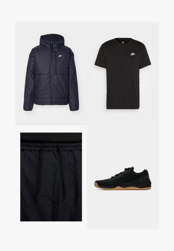 Melna, pufota Nike jaka ar priekšējo rāvējslēdzēju un kapuci. Iezīmēta ar baltu logotipu uz kreisās krūtis un divām priekšējām kabatām. Gluda ārējā tekstūra.; Melna kokvilnas T-kreklu ar īsām piedurknēm, apaļu kakla izgriezumu un mazu balto Nike logu kreisajā augšējā krūtī. Gluda tekstūra. Klasiskais piegriezums.; Melni šorti ar sašūtu jostu, viegls audums ar gludu tekstūru un vienkāršs dizains bez redzamiem logotipiem vai paraugiem.; Melnas sporta apavus ar teksturētu sietu augšdaļu, saitēm un gumijas gumijas zoli. Satur nelielu zilo zīmolu uz papēža.