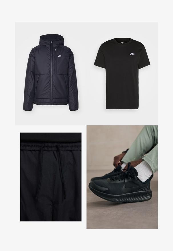 Svart, polstret Nike-jakke med frontglidelås og hette. Har en hvit logo på venstre bryst og doble frontlommer. Glatt ytterside.; Svart bomull T-skjorte med kort erm, rund hals, og en liten hvit Nike-logo på øvre venstre bryst. Myk tekstur. Klassisk passform.; Sorte shorts med snor i livet, lett stoff med en jevn tekstur, og et enkelt design uten synlige logoer eller mønstre.; Sorte Nike løpesko har en mesh-overdel, teksturert såle og minimal branding. Designet er strømlinjeformet og har et atletisk utseende.