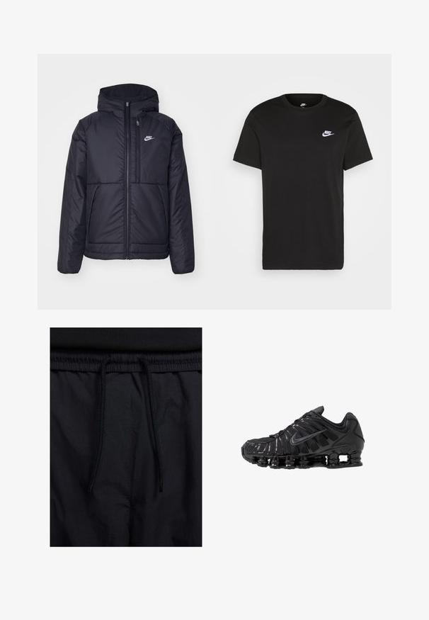 Casaco Nike preto, acolchoado, com fecho à frente e capuz. Apresenta um logo branco no lado esquerdo do peito e dois bolsos frontais. Textura exterior lisa.; T-shirt de algodão preto com mangas curtas, decote redondo e um pequeno logótipo da Nike em branco no canto superior esquerdo do peito. Textura suave. Ajuste clássico.; Calções pretos com um cós elástico ajustável, fabricados em tecido leve com uma textura suave e um design simples, sem logótipos ou padrões visíveis.; Ténis desportivos pretos feitos de malha e materiais sintéticos, com um design ondulado distinto, sola de borracha preta e detalhes refletivos.