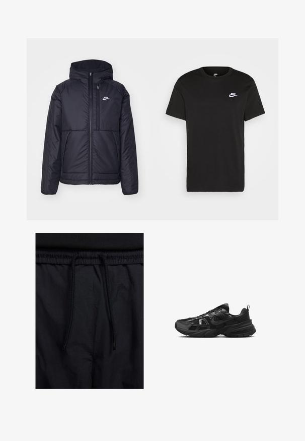 Sort, polstret Nike-jakke med frontlynlås og hætte. Har et hvidt logo på venstre bryst og to frontlommer. Glat ydre tekstur.; Sort bomuld T-shirt med korte ærmer, rund hals og et lille hvidt Nike-logo på den øverste venstre bryst. Glat tekstur. Klassisk pasform.; Sorte shorts med snoretræk i taljen, letvægtsstof med en glat tekstur og et simpelt design uden synlige logoer eller mønstre.; Sort sportsko med mesh øvermateriale, gummisål og teksturerede detaljer. Har snøre-design og et tydeligt logo på siden.