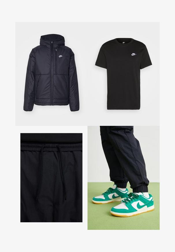 Μαύρο, επενδυμένο μπουφάν Nike με μπροστινό φερμουάρ και κουκούλα. Διαθέτει λευκό λογότυπο στο αριστερό στήθος και διπλές μπροστινές τσέπες. Λείο εξωτερικό υλικό.; Μαύρο βαμβακερό κοντομάνικο T-shirt με στρογγυλή λαιμόκοψη και ένα μικρό λευκό λογότυπο Nike στην επάνω αριστερή πλευρά του στήθους. Λείος υφασμάτινος ιστός. Κλασσική εφαρμογή.; Μαύρο σορτσάκι με ζωνάκι που ρυθμίζεται, ελαφρύ ύφασμα με απλή υφή και απλό σχέδιο χωρίς ορατά λογότυπα ή μοτίβα.; Nike Sportswear DUNK LOW SE TRK3 - Αθλητικά παπούτσια - phantom/malachite/light brown/coconut milk