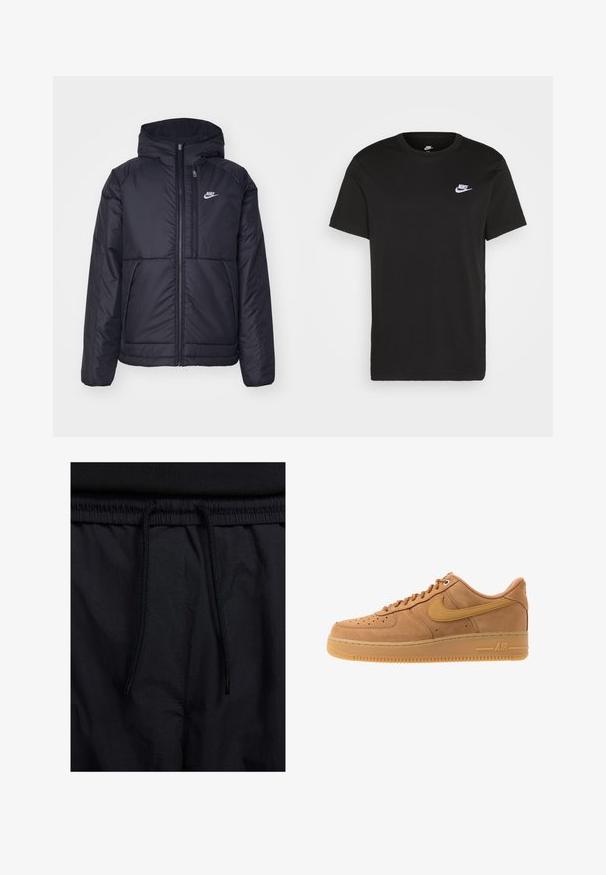 Fekete, párnázott Nike dzseki elülső cipzárral és kapucnival. A bal mellen fehér logó található, valamint két elülső zseb. Simának tűnő külső felület.; Fekete pamut póló rövid ujjakkal, kerek nyakkivágással és egy kicsi fehér Nike logóval a bal felső mellkason. Sima tapintású. Klasszikus szabás.; Fekete rövidnadrág, húzózsinórral ellátott derékrésszel, könnyű anyagból, sima felszínen, egyszerű dizájnnal, látható logók vagy minták nélkül.; Nike Sportswear AIR FORCE 1 07 - Sportcipő - flax/wheat/light brown/black/team gold