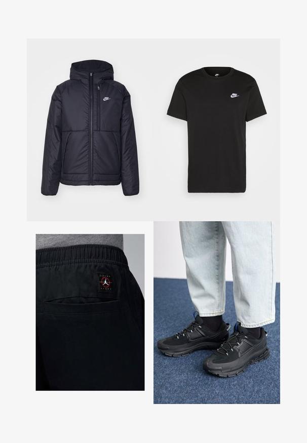 Veste Nike noire rembourrée avec une fermeture éclair sur le devant et une capuche. Elle présente un logo blanc sur la poitrine gauche et deux poches avant. Texture extérieure lisse.; T-shirt en coton noir à manches courtes, col rond, avec un petit logo Nike blanc sur la poitrine supérieure gauche. Texture lisse. Coupe classique.; Shorts de sport noirs avec une taille élastique, dotés d'une poche arrière et d'un logo de la marque Jordan en rouge et blanc.; Des chaussures de sport noires avec un tissu texturé et des semelles en caoutchouc, dotées de lacets élastiques et d'un accent bleu au talon. Portées avec un pantalon en denim clair.