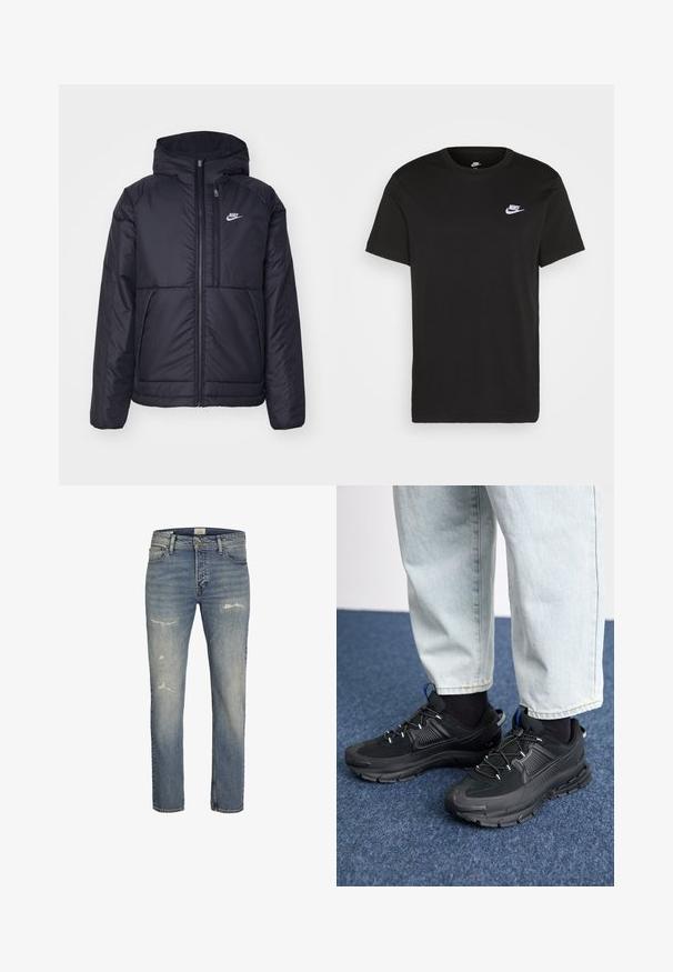 Casaco Nike preto, acolchoado, com fecho à frente e capuz. Apresenta um logo branco no lado esquerdo do peito e dois bolsos frontais. Textura exterior lisa.; T-shirt de algodão preto com mangas curtas, decote redondo e um pequeno logótipo da Nike em branco no canto superior esquerdo do peito. Textura suave. Ajuste clássico.; Jeans de ganga azul claro com um design de perna reta, detalhes desgastados na parte da frente e um estilo clássico de cinco bolsos com fecho de zip.; Sapatilhas desportivas pretas com tecido texturizado e solas em borracha, apresentando atacadores elásticos e um detalhe azul no calcanhar. Usadas com calças de ganga claras.