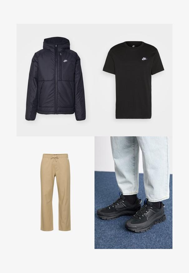 Svart, polstret Nike-jakke med frontglidelås og hette. Har en hvit logo på venstre bryst og doble frontlommer. Glatt ytterside.; Svart bomull T-skjorte med kort erm, rund hals, og en liten hvit Nike-logo på øvre venstre bryst. Myk tekstur. Klassisk passform.; Beige bomullsbukser med avslappet passform, elastisk midje og snor. Har sidelommer og rett benkutt. Ingen synlige mønstre.; Svarte sportssko med teksturert stoff og gummisåler, med elastiske lisser og en blå detalj på hælen. Brukt med lyse denimbukser.