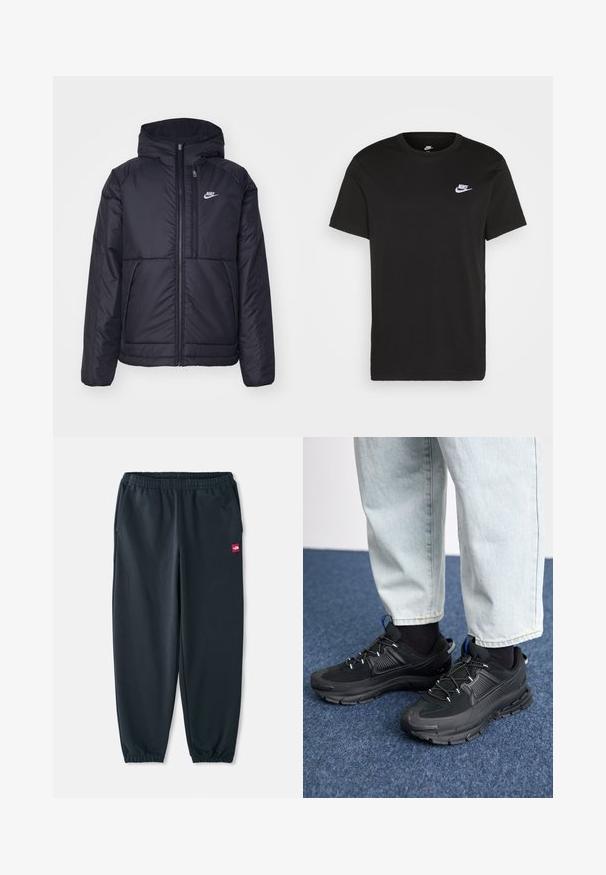 Juodas, paminkštintas Nike džemperis su priekyje užtrauktuku ir gobtuvu. Pasižymi balta logo kairėje krūtinės pusėje ir dviem priekinėmis kišenėmis. Su lygiu išoriniu paviršiumi.; Juodas medvilninis marškinėliai su trumpomis rankovėmis, apvaliu iškirpimu ir mažu baltu Nike logotipu viršutinėje kairėje krūtinės pusėje. Lygus paviršius. Klasikinis kirpimas.; Juodai sportiniai džinsai, pagaminti iš lygios medžiagos, turi elastinę juosmenį, kulkšnies rankoves ir mažą raudoną logotipo etikėtę šone.; Juodi sportiniai bateliai su tekstūruota medžiaga ir guminiais padais, su elastingomis raišteliais ir mėlynu akcentu ant kulno. Dėvimi su šviesiai mėlynomis džinsinėmis kelnėmis.