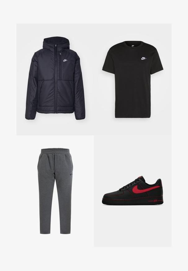 Černá zateplená bunda Nike s předním zipem a kapucí. Na levé straně hrudi má bílé logo a dvojité přední kapsy. Hladký povrch.; Černé bavlněné tričko s krátkými rukávy, kulatým výstřihem a malým bílým logem Nike na levé horní části hrudi. Hladká textura. Klasický střih.; Šedé bavlněné tepláky s elastickým páskem, šňůrkou na stažení, bočními kapsami a malým logem na levém stehně. Design s užšími nohavicemi.; Černé kožené tenisky Nike Air Force 1 s červenými akcenty, s hladkým povrchem, perforovanou špičkou a kontrastním červeným prošíváním.