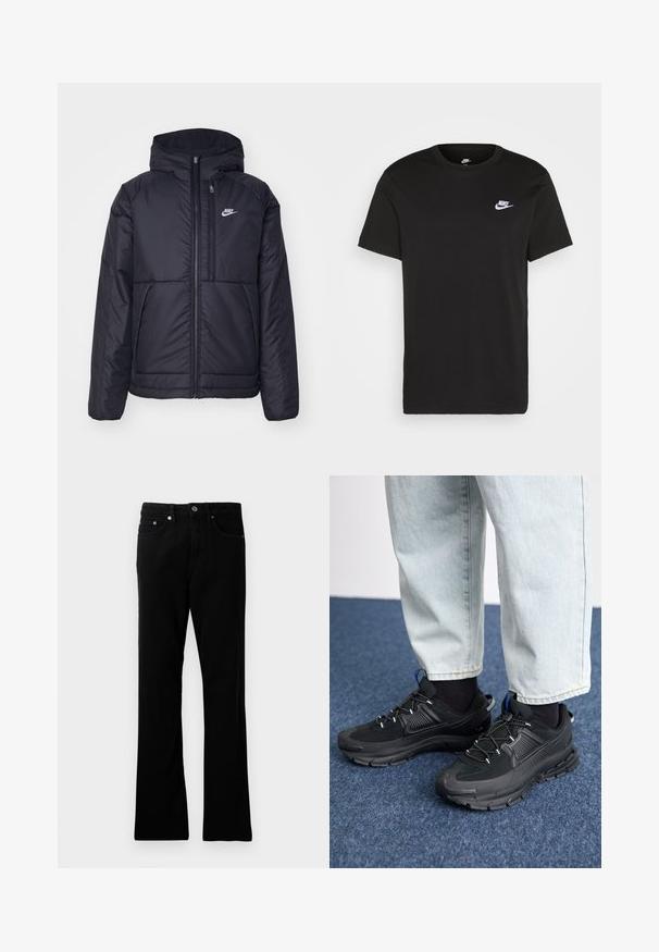 Jachetă Nike neagră, căptușită, cu fermoar pe față și glugă. Prezintă un logo alb pe pieptul stâng și două buzunare frontale. Textură exterioară netedă.; Tricou negru din bumbac, cu mâneci scurte, guler rotund și un mic logo alb Nike pe partea superioară stângă a pieptului. Textură netedă. Croială clasică.; Pantaloni din denim negru cu o croială dreaptă, cinci buzunare, închidere cu buton metalic și detalii subtile de cusătură. Textură netedă și culoare uniformă.; Pantofi sport negri, cu țesătură texturată și tălpi din cauciuc, având șireturi elastice și un accent albastru pe toc. Purtați cu pantaloni din denim deschis.