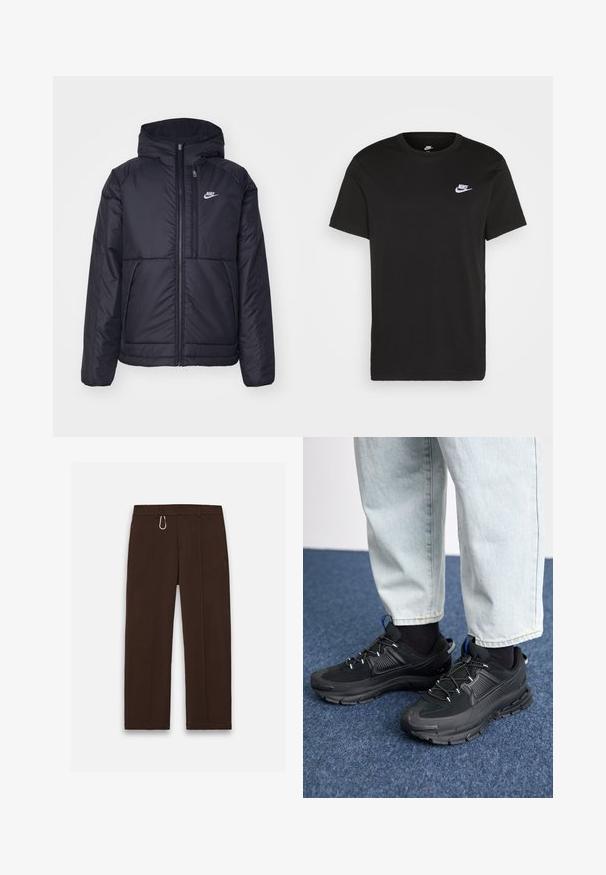 Giacca Nike nera, imbottita, con zip frontale e cappuccio. Presenta un logo bianco sul lato sinistro del petto e doppie tasche frontali. Texture esterna liscia.; T-shirt in cotone nero con maniche corte, colletto rotondo e un piccolo logo Nike bianco sull'upper sinistra del petto. Texture liscia. Taglio classico.; Pantaloni marroni a gamba larga realizzati in tessuto liscio, con chiusura a zip e un moschettone come accentuazione distintiva, dotati di due tasche laterali.; Scarpe sportive nere con tessuto testurizzato e suole in gomma, dotate di lacci elastici e un accento blu sul tallone. Indossate con pantaloni in denim chiaro.