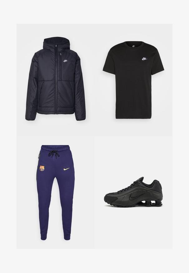 Μαύρο, επενδυμένο μπουφάν Nike με μπροστινό φερμουάρ και κουκούλα. Διαθέτει λευκό λογότυπο στο αριστερό στήθος και διπλές μπροστινές τσέπες. Λείο εξωτερικό υλικό.; Μαύρο βαμβακερό κοντομάνικο T-shirt με στρογγυλή λαιμόκοψη και ένα μικρό λευκό λογότυπο Nike στην επάνω αριστερή πλευρά του στήθους. Λείος υφασμάτινος ιστός. Κλασσική εφαρμογή.; Σκούρο μπλε αθλητικές φόρμες με χρυσό λογότυπο Nike, κεντημένο έμβλημα της FC Barcelona και μαύρες λεπτομέρειες στα πλάγια, με κορδόνι στη μέση.; Μαύρα αθλητικά παπούτσια με λείο συνθετικό άνω μέρος, διάτρητες λεπτομέρειες, υφή στις πλευρές και ξεχωριστή ελαστική σόλα.