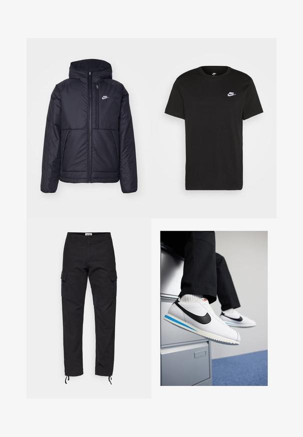 Svart, polstret Nike-jakke med frontglidelås og hette. Har en hvit logo på venstre bryst og doble frontlommer. Glatt ytterside.; Svart bomull T-skjorte med kort erm, rund hals, og en liten hvit Nike-logo på øvre venstre bryst. Myk tekstur. Klassisk passform.; Svart cargo-bukser laget av slitesterkt stoff, med sidelommer, slim fit og justerbare mansjetter ved ankler.; Hvite lær sneakers med en svart Nike swoosh, lys blå og grå gummisåle, og klassisk snøring. Føttene hviler på et arkivskap.