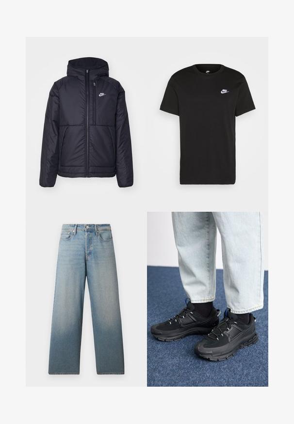 Casaco Nike preto, acolchoado, com fecho à frente e capuz. Apresenta um logo branco no lado esquerdo do peito e dois bolsos frontais. Textura exterior lisa.; T-shirt de algodão preto com mangas curtas, decote redondo e um pequeno logótipo da Nike em branco no canto superior esquerdo do peito. Textura suave. Ajuste clássico.; Jeans de perna larga azul clara, feitos de denim. Apresentam uma cintura alta, design clássico de cinco bolsos e um desbotado subtil para um efeito usado.; Sapatilhas desportivas pretas com tecido texturizado e solas em borracha, apresentando atacadores elásticos e um detalhe azul no calcanhar. Usadas com calças de ganga claras.