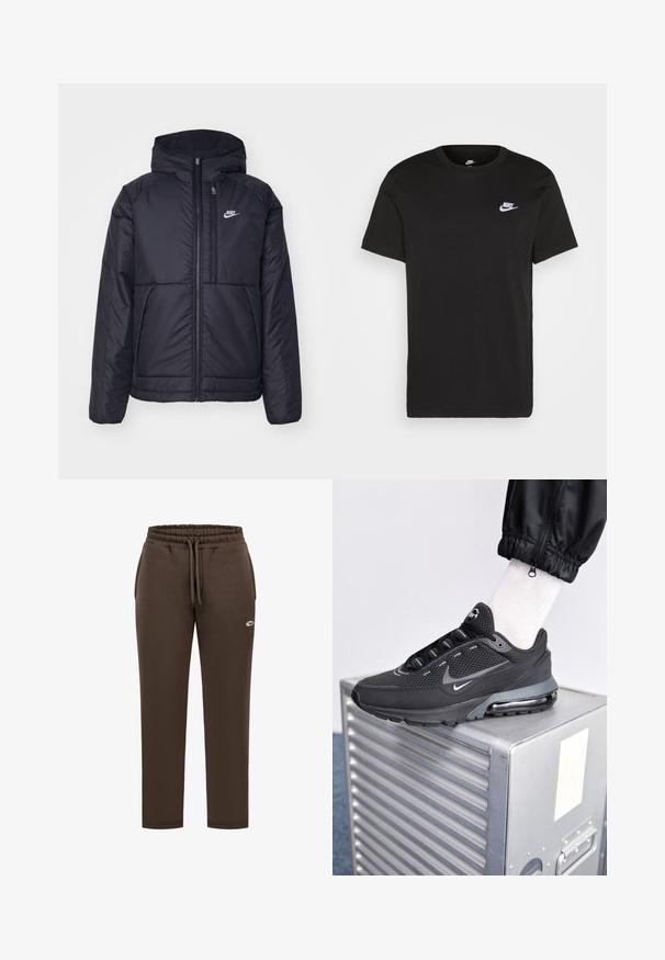 Zwarte, gewatteerde Nike-jas met een voorkant met ritssluiting en capuchon. Kenmerkt zich door een wit logo op de linkerborst en dubbele frontzakken. Gladde buitenkant.; Zwart katoen T-shirt met korte mouwen, ronde hals en een klein wit Nike-logo op de bovenste linkerborst. Gladde textuur. Klassieke pasvorm.; Bruine katoenen joggerbroeken met een elastische tailleband en trekkoord. Voorzien van zijzakken en een klein geborduurd logo op het linkerpoot.; Nike Sportswear PULSE - Sneakers laag - black/anthracite