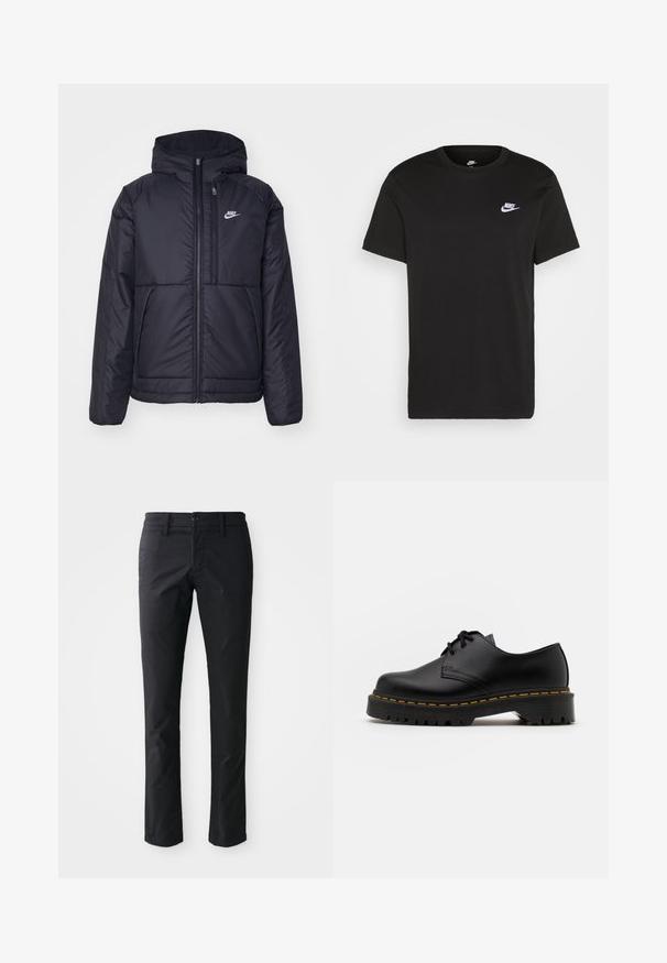 Crna Nike jakna s podstavom, dugmadi sprijeda i kapuljačom. Ima bijeli logotip na lijevoj strani prsnog koša i dva prednja džepa. Glatka vanjska tekstura.; Crna pamučna majica s kratkim rukavima, okruglim izrezom i malim bijelim Nike logom na gornjoj lijevoj strani prsnog koša. Glatka tekstura. Klasičan kroj.; Crne hlače ravnog kroja napravljene od glatkog materijala s jednim dugmetom za zatvaranje i petljama za remen. Minimalistički dizajn bez vidljivih uzoraka.; Crne kožne cipele sa vezanjem, okruglog vrha, sa teksturiranom gumom potplatom i žutim šavom oko baze. Ravni dizajn i glatka završna obrada.