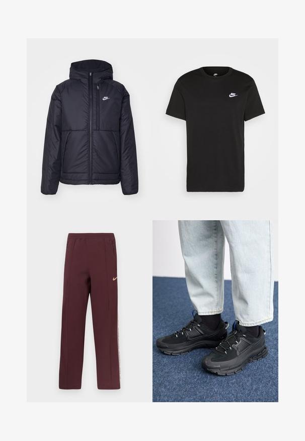 Melna, pufota Nike jaka ar priekšējo rāvējslēdzēju un kapuci. Iezīmēta ar baltu logotipu uz kreisās krūtis un divām priekšējām kabatām. Gluda ārējā tekstūra.; Melna kokvilnas T-kreklu ar īsām piedurknēm, apaļu kakla izgriezumu un mazu balto Nike logu kreisajā augšējā krūtī. Gluda tekstūra. Klasiskais piegriezums.; Burgundijas krāsas sporta bikses ar gludu tekstūru, sānu rāvējslēdzēja kabatām un baltu svītru ar tekstu gar ārējām šuvēm. Nike logo zeltainā krāsā.; Melni sporta apavi ar strukturētu audumu un gumijas zoli, ar elastīgām auklām un zilu akcentu uz papēža. Nēsāti ar gaišām džinsu biksēm.