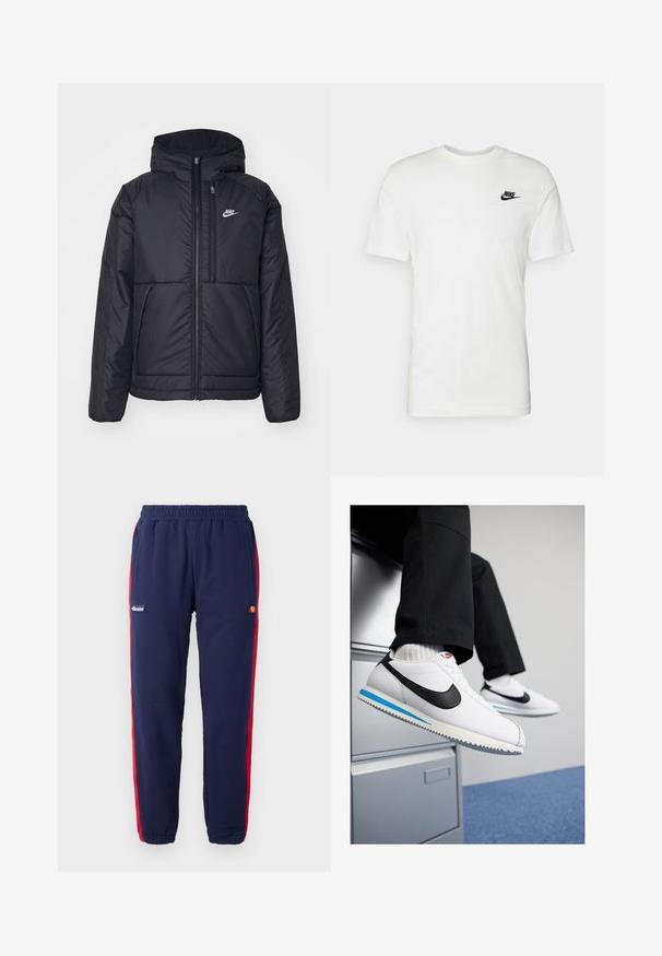 Black, padded Nike jacket with a front zipper and hood. Features a white logo on the left chest and dual front pockets. Smooth exterior texture.; White cotton t-shirt with short sleeves, round neckline, and a black Nike logo on the left chest area. Smooth texture and classic fit.; Navy sweatpants with red side stripes, elastic waistband, and a small logo patch featuring a circular design on the left thigh.; White leather sneakers with a black Nike swoosh, light blue and grey rubber sole, and classic lace-up design. Feet resting on a filing cabinet.