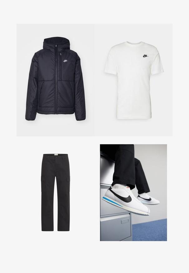 Must musta Nike jope, millel on ees lukuga avamine ja kapuuts. Vasakpoolne rind on kaunistatud valge logoga ning ees on kaks taskut. Sile välimine tekstuur.; Valge puuvillane T-särk lühikeste varrukatega, ümar kaelus ja must Nike logo vasakul rinnapiiril. Sile tekstuur ja klassikaline lõige.; Mustad majapidamispüksid vastupidavast kangast, millel on kaks küljetaskut, sirge säärega disain ja vöökoha juures nööp.; Valged nahast tossud musta Nike'i logoga, helesinise ja halli kummist tallaga ning klassikalise lipsuvariantiga. Jalad restingud dokumendikapil.