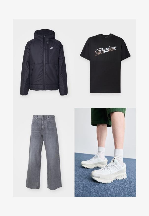 Casaco Nike preto, acolchoado, com fecho à frente e capuz. Apresenta um logo branco no lado esquerdo do peito e dois bolsos frontais. Textura exterior lisa.; Camiseta preta de algodão com logótipo "Carhartt" em letras prateadas estilizadas e brilhantes no peito, mangas curtas e gola redonda.; G-STAR TYPE - Calças de ganga folgadas - worn in rock; Sapatos atléticos brancos com sobreposições texturizadas, sola espessa e detalhes em cinza. Usados com meias brancas até ao tornozelo e calções verdes sobre uma superfície azul.