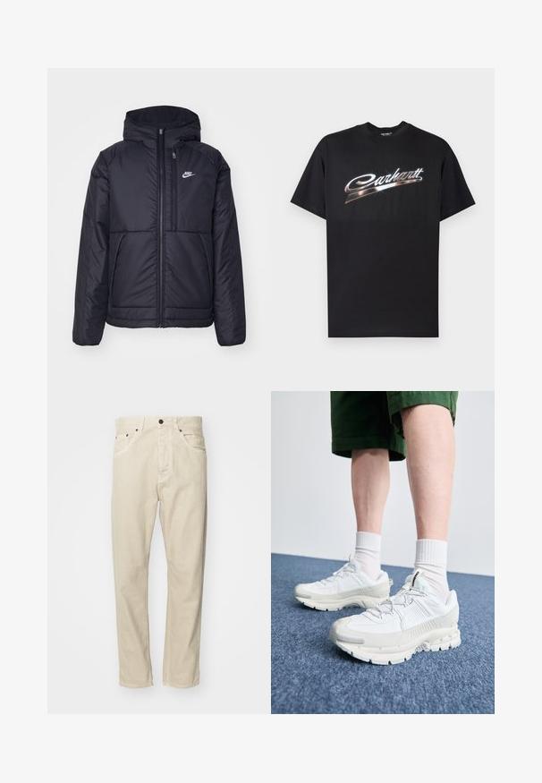 Čierna, polstrovaná bunda Nike so zipsom vpredu a kapucňou. Na ľavej strane hrude sa nachádza biele logo a sú tu dva predné vrecká. Hladký vonkajší povrch.; Čierne bavlnené tričko s lesklým logom "Carhartt" v štýlovom striebornom písme cez hruď, krátkymi rukávmi a okrúhlym výstrihom.; Bežové bavlnené nohavice so strihom s rovnými nohami, piatimi vreckami a kovovými akcentmi. Hladká textúra s minimálnymi švovými detailmi.; Biele športové topánky s textúrovanými prešívaniami, robustnou podrážkou a sivými akcentami. Nosené s bielymi ponožkami po členky a zelenými šortkami na modrom povrchu.