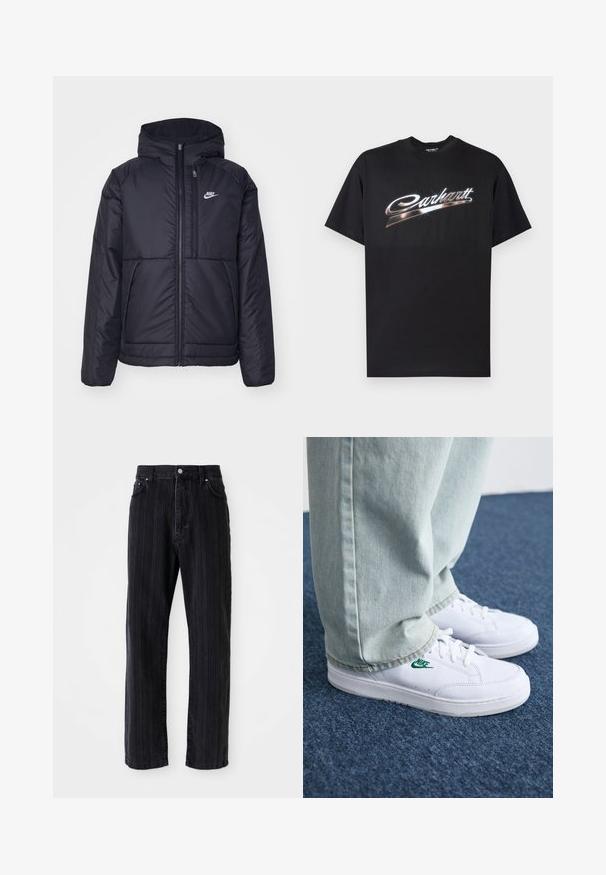 Black, padded Nike jacket with a front zipper and hood. Features a white logo on the left chest and dual front pockets. Smooth exterior texture.; Black cotton t-shirt featuring a glossy "Carhartt" logo in stylized silver lettering across the chest, short sleeves, and crew neck.; Black denim jeans with vertical stripes, straight leg design, front pockets, and a button closure. Smooth texture and consistent color.; White leather sneakers with green Nike logo, round toe, flat sole, paired with light blue denim pants, shown on a blue carpet.