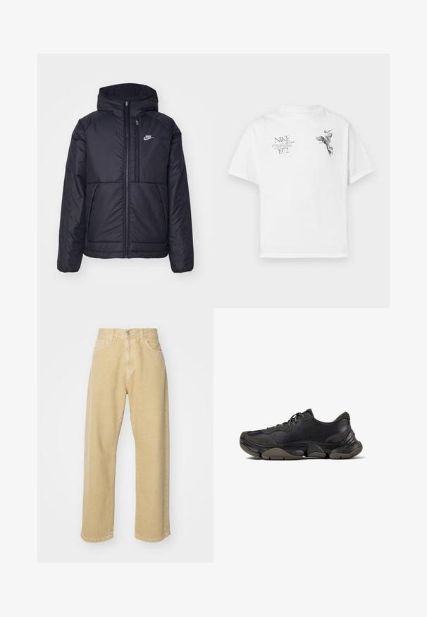 Čierna, polstrovaná bunda Nike so zipsom vpredu a kapucňou. Na ľavej strane hrude sa nachádza biele logo a sú tu dva predné vrecká. Hladký vonkajší povrch.; Biela bavlnená tričko s čiernym grafickým potlačou krídelnej postavy a textom, s okrúhlym výstrihom a krátkymi rukávmi.; Krémové riflové nohavice so rovnými nohavicami, s piatimi vreckami, zapínaním na gombík a čistým zakončením. Mäkka textúra.; Čierne atletické tenisky s textúrovanou podrážkou, koženým a semišovým zvrškom, vypchatým golierom a šnurovaním, zobrazené z bočného profilu.