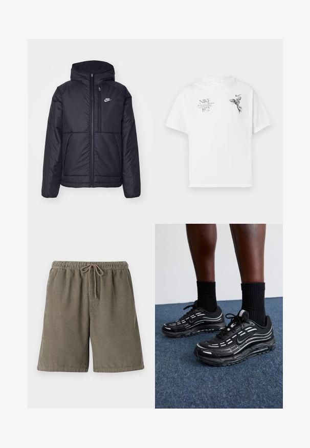 Schwarze, gepolsterte Nike-Jacke mit Frontreißverschluss und Kapuze. Hat ein weißes Logo auf der linken Brust und zwei Fronttaschen. Glattes äußeres Material.; Weißes Baumwoll-T-Shirt mit einem schwarzen Grafikdruck eines geflügelten Figures und Text, mit Rundhalsausschnitt und kurzen Ärmeln.; Baumwollcordshorts in Olivgrün mit strukturierten vertikalen Streifen, elastischem Bund und verstellbarem Kordelzug für optimalen Tragekomfort.; Schwarze Nike-Schuhe verfügen über ein Obermaterial aus Mesh mit Akzentstreifen, strukturiertem Schnürsystem und einer schwarzen Gummisohle. Getragen mit schwarzen, gerippten Socken.