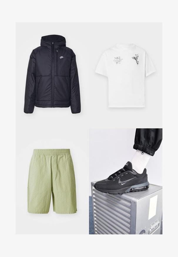 Zwarte, gewatteerde Nike-jas met een voorkant met ritssluiting en capuchon. Kenmerkt zich door een wit logo op de linkerborst en dubbele frontzakken. Gladde buitenkant.; Witte katoenen t-shirt met een zwarte grafische print van een gevleugeld figuur en tekst, met een ronde hals en korte mouwen.; Lichtgroene shorts van een textiele stof, met een elastische tailleband en zijzakken. Het ontwerp heeft een subtiel wafelpatroon.; Nike Sportswear PULSE - Sneakers laag - black/anthracite