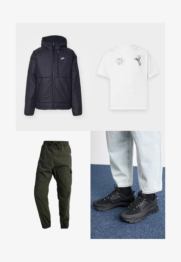 Fekete, párnázott Nike dzseki elülső cipzárral és kapucnival. A bal mellen fehér logó található, valamint két elülső zseb. Simának tűnő külső felület.; Fehér pamut póló, fekete grafikai nyomattal egy szárnyas lényről és szövegről, kerek nyakkal és rövid ujjú. ; Carhartt WIP JOGGER COLUMBIA - Oldalzsebes nadrágok - cypress rinsed; Fekete sportcipők texturált anyaggal és gumitalppal, elasztikus fűzőkkel és kék kiegészítővel a saroknál. Világos farmernadrággal viselve.