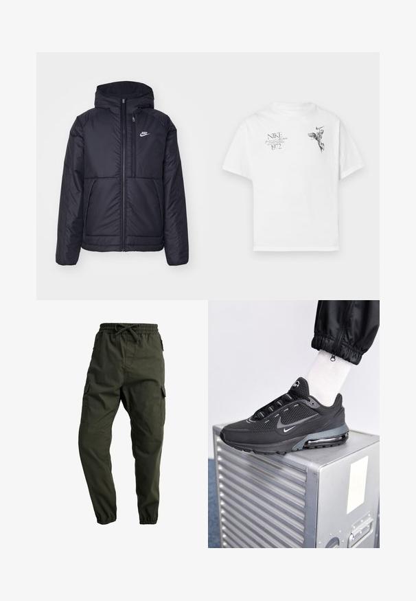 Schwarze, gepolsterte Nike-Jacke mit Frontreißverschluss und Kapuze. Hat ein weißes Logo auf der linken Brust und zwei Fronttaschen. Glattes äußeres Material.; Weißes Baumwoll-T-Shirt mit einem schwarzen Grafikdruck eines geflügelten Figures und Text, mit Rundhalsausschnitt und kurzen Ärmeln.; Carhartt WIP JOGGER COLUMBIA - Cargohose - cypress rinsed; Nike Sportswear PULSE - Sneaker low - black/anthracite