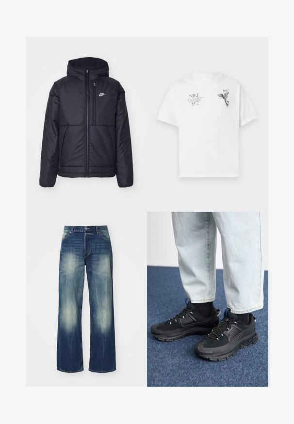 Veste Nike noire rembourrée avec une fermeture éclair sur le devant et une capuche. Elle présente un logo blanc sur la poitrine gauche et deux poches avant. Texture extérieure lisse.; T-shirt en coton blanc avec un imprimé graphique noir d'une figure ailée et du texte, avec un col rond et des manches courtes.; Weekday SPHERE LOW LOOSE - Jean large - gasoline blue; Des chaussures de sport noires avec un tissu texturé et des semelles en caoutchouc, dotées de lacets élastiques et d'un accent bleu au talon. Portées avec un pantalon en denim clair.