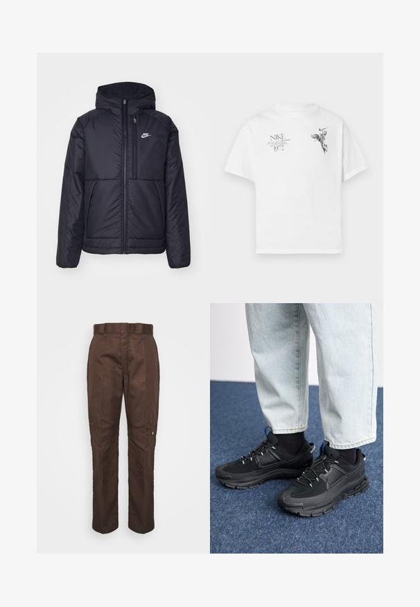 Zwarte, gewatteerde Nike-jas met een voorkant met ritssluiting en capuchon. Kenmerkt zich door een wit logo op de linkerborst en dubbele frontzakken. Gladde buitenkant.; Witte katoenen t-shirt met een zwarte grafische print van een gevleugeld figuur en tekst, met een ronde hals en korte mouwen.; Bruine, recht lopende broek met een gladde textuur. Heeft een riemlus, zijnaad en een klein merklogo op het linkerbeen.; Zwarte sportschoenen met gestructureerde stof en rubberen zolen, met elastische veters en een blauwe accent op de hiel. Draag samen met lichte spijkerbroeken.