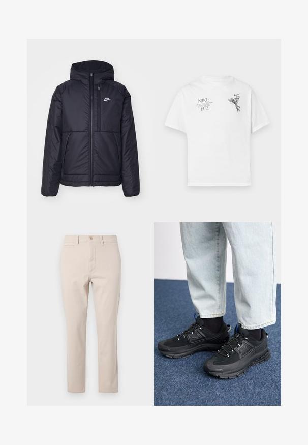 Fekete, párnázott Nike dzseki elülső cipzárral és kapucnival. A bal mellen fehér logó található, valamint két elülső zseb. Simának tűnő külső felület.; Fehér pamut póló, fekete grafikai nyomattal egy szárnyas lényről és szövegről, kerek nyakkal és rövid ujjú. ; Beige színű pamut nadrág, egyenes szabással, elöl gombos záródással, övhurkokkal és egyetlen hátsó zsebbel. Sima textúra.; Fekete sportcipők texturált anyaggal és gumitalppal, elasztikus fűzőkkel és kék kiegészítővel a saroknál. Világos farmernadrággal viselve.