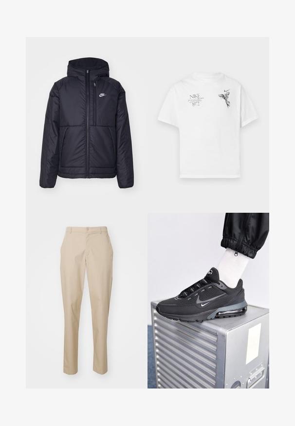 Black, padded Nike jacket with a front zipper and hood. Features a white logo on the left chest and dual front pockets. Smooth exterior texture.; White cotton t-shirt featuring a black graphic print of a winged figure and text, with a crew neck and short sleeves.; Beige tailored pants with a straight fit, button closure, and flat front waist. Made from a smooth fabric with no visible patterns.; Nike Sportswear PULSE - Trainers - black/anthracite