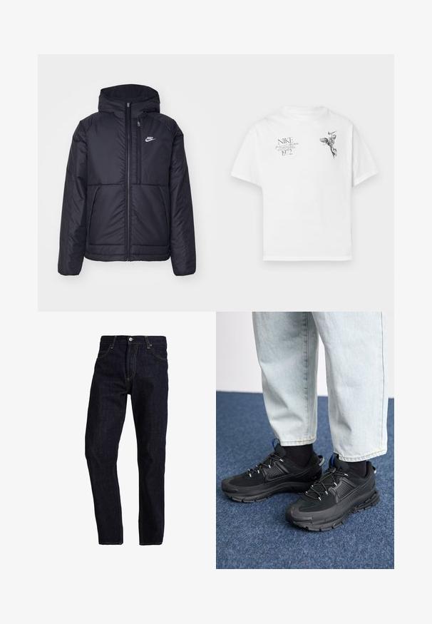 Chaqueta acolchada negra de Nike con cremallera frontal y capucha. Presenta un logo blanco en el lado izquierdo del pecho y dos bolsillos frontales. Textura exterior suave.; Camiseta blanca de algodón con un estampado gráfico negro de una figura alada y texto, con cuello redondo y mangas cortas.; Vaqueros de mezclilla azul oscuro con un corte recto, que presentan costuras amarillas, cinco bolsillos y un cierre clásico de botón y cremallera.; Zapatillas deportivas negras con tejido texturizado y suelas de goma, con cordones elásticos y un acento azul en el talón. Combinadas con pantalones de mezclilla claros.