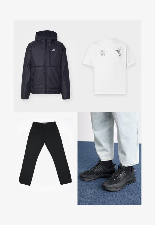 Crna Nike jakna s podstavom, dugmadi sprijeda i kapuljačom. Ima bijeli logotip na lijevoj strani prsnog koša i dva prednja džepa. Glatka vanjska tekstura.; Bijela pamučna majica s crnim grafičkim otiskom krilate figure i teksta, s okruglim izrezom i kratkim rukavima.; Crne traperice od denima ravnog kroja, s srednjim pojasom, pet džepova i suptilnim detaljima šivanja.; Crne atletske cipele s teksturiranom tkaninom i gumene potplate, s elastičnim vezicama i plavim akcentom na peti. Nosene su s svijetlim trapericama.