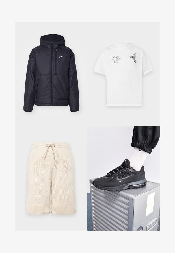 Černá zateplená bunda Nike s předním zipem a kapucí. Na levé straně hrudi má bílé logo a dvojité přední kapsy. Hladký povrch.; Bílý bavlněný tričko s černým grafickým potiskem křídlené postavy a textem, s kulatým výstřihem a krátkými rukávy.; béžové síťované šortky s texturovaným povrchem, vybavené stahovací šňůrkou v pase a výrazně vyšitým logem "NEWERA" na přední straně.; Nike Sportswear PULSE - Tenisky - black/anthracite