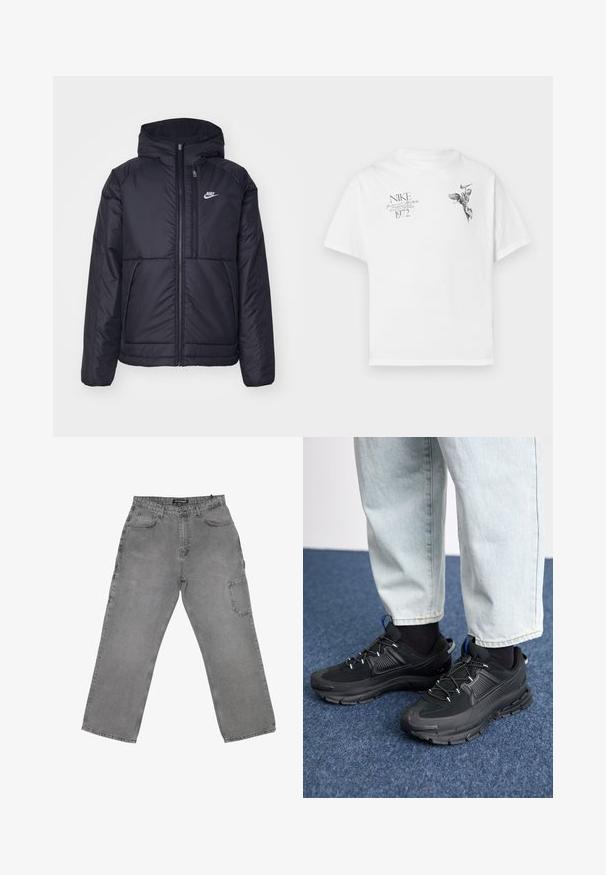 Crna Nike jakna s podstavom, dugmadi sprijeda i kapuljačom. Ima bijeli logotip na lijevoj strani prsnog koša i dva prednja džepa. Glatka vanjska tekstura.; Bijela pamučna majica s crnim grafičkim otiskom krilate figure i teksta, s okruglim izrezom i kratkim rukavima.; Sive traperice s opuštenim krojem, koje imaju prednje kopčanje na dugme, više džepova i blago izblijedjeli izgled.; Crne atletske cipele s teksturiranom tkaninom i gumene potplate, s elastičnim vezicama i plavim akcentom na peti. Nosene su s svijetlim trapericama.