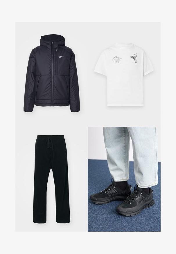 Veste Nike noire rembourrée avec une fermeture éclair sur le devant et une capuche. Elle présente un logo blanc sur la poitrine gauche et deux poches avant. Texture extérieure lisse.; T-shirt en coton blanc avec un imprimé graphique noir d'une figure ailée et du texte, avec un col rond et des manches courtes.; Carhartt WIP FLOYDE PANT - Pantalon classique - black rinsed; Des chaussures de sport noires avec un tissu texturé et des semelles en caoutchouc, dotées de lacets élastiques et d'un accent bleu au talon. Portées avec un pantalon en denim clair.