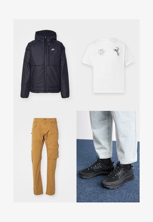 Crna Nike jakna s podstavom, dugmadi sprijeda i kapuljačom. Ima bijeli logotip na lijevoj strani prsnog koša i dva prednja džepa. Glatka vanjska tekstura.; Bijela pamučna majica s crnim grafičkim otiskom krilate figure i teksta, s okruglim izrezom i kratkim rukavima.; Hlače od pamuka u boji tan, mekane na dodir, s više džepova, ravnim nogavicama i zatvaranjem na gumb. Jednostavna tekstura.; Crne atletske cipele s teksturiranom tkaninom i gumene potplate, s elastičnim vezicama i plavim akcentom na peti. Nosene su s svijetlim trapericama.
