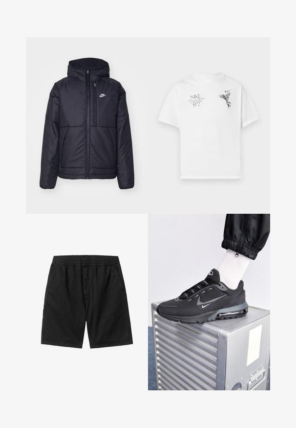 Černá zateplená bunda Nike s předním zipem a kapucí. Na levé straně hrudi má bílé logo a dvojité přední kapsy. Hladký povrch.; Bílý bavlněný tričko s černým grafickým potiskem křídlené postavy a textem, s kulatým výstřihem a krátkými rukávy.; Černé šortky s elastickým pasem, bočními kapsami a rovného střihu. Vyrobené z lehkého materiálu s hladkým povrchem.; Nike Sportswear PULSE - Tenisky - black/anthracite