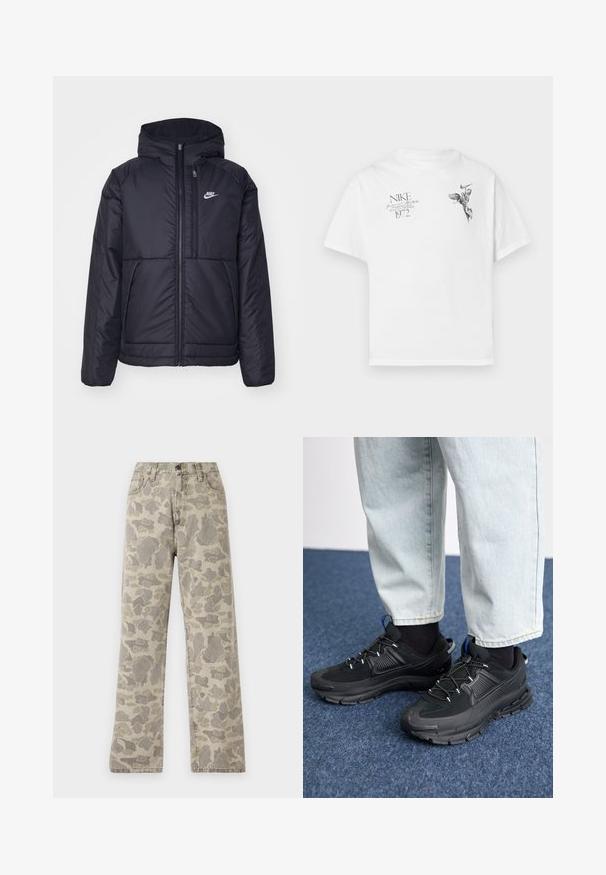 Veste Nike noire rembourrée avec une fermeture éclair sur le devant et une capuche. Elle présente un logo blanc sur la poitrine gauche et deux poches avant. Texture extérieure lisse.; T-shirt en coton blanc avec un imprimé graphique noir d'une figure ailée et du texte, avec un col rond et des manches courtes.; Carhartt WIP LANDON PANT - Jean droit - grey/black; Des chaussures de sport noires avec un tissu texturé et des semelles en caoutchouc, dotées de lacets élastiques et d'un accent bleu au talon. Portées avec un pantalon en denim clair.