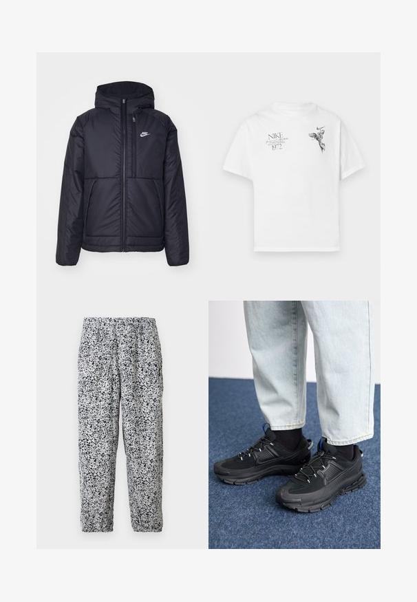 Črna, podložena Nike jakna z sprednjim zadrgo in kapuco. Ima bel logo na levem prsnem delu in dvojna sprednja žepa. Gladka zunanja tekstura.; Bela bombažna majica s črnim grafičnim potiskom krilate figure in besedilom, z okroglim izrezom in kratkimi rokavi.; Bela elastična hlače z črnim nepravilnim pikčastim vzorcem in elastičnimi manšetami, ki visijo na enobarvnem ozadju.; Črne športne čevlje z teksturirano tkanino in gumijastimi podplati, ki imajo elastične vezalke ter modre poudarke na peti. Nosi se z lahkimi denim hlačami.