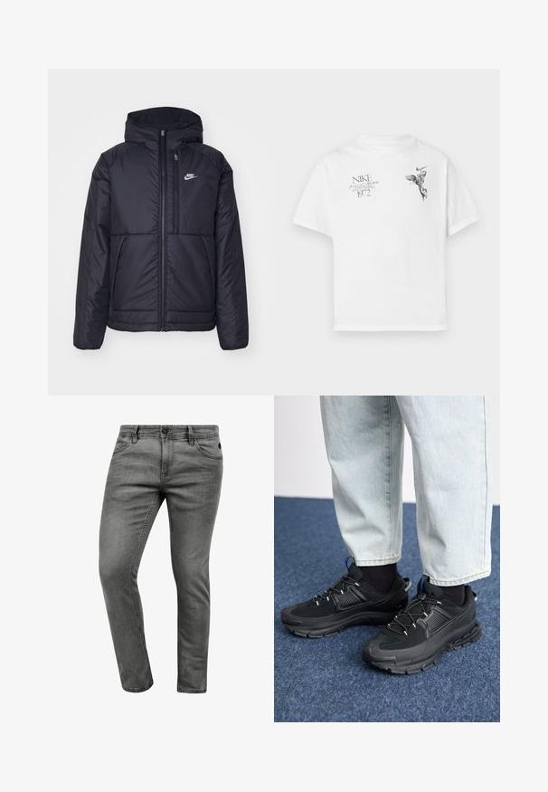 Svart, vadderad Nike-jacka med dragkedja framtill och huva. Har en vit logotyp på vänster bröst och dubbla framfickor. Slät yttextur.; Vit bomull t-shirt med en svart grafisk tryck av en bevingad figur och text, med rund hals och korta ärmar.; Grå denimjeans med slim fit, med fem fickor, knappstängning och subtila sömdetaljer. Mjuk textur och ren design.; Svarta sportskor med texturerat tyg och gummisulor, med elastiska snörningar och en blå detalj på hälen. Bärs med ljusa jeans.