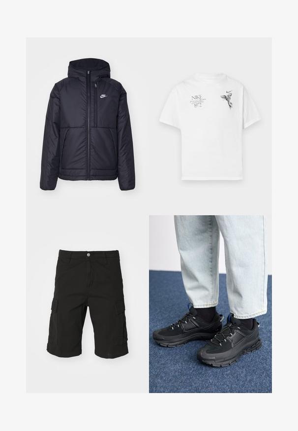 Black, padded Nike jacket with a front zipper and hood. Features a white logo on the left chest and dual front pockets. Smooth exterior texture.; White cotton t-shirt featuring a black graphic print of a winged figure and text, with a crew neck and short sleeves.; Black cargo shorts made from durable fabric, featuring side pockets, a button closure, and rolled hem details. Straight cut design.; Black athletic shoes with textured fabric and rubber soles, featuring elastic laces and a blue accent on the heel. Worn with light denim pants.