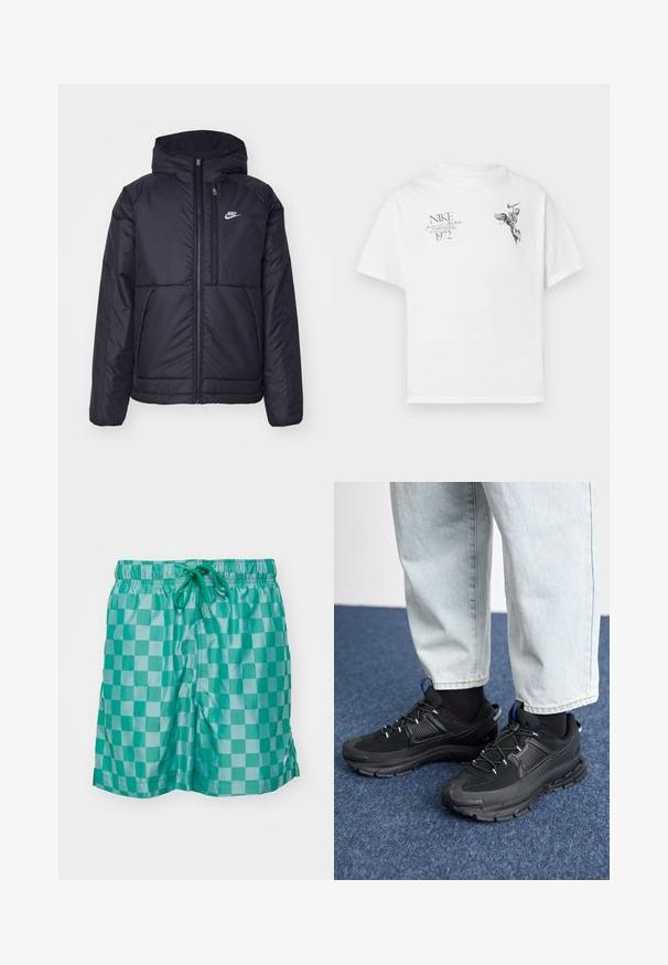 Melna, pufota Nike jaka ar priekšējo rāvējslēdzēju un kapuci. Iezīmēta ar baltu logotipu uz kreisās krūtis un divām priekšējām kabatām. Gluda ārējā tekstūra.; Balts kokvilnas T-krekls ar melnu grafisku druku, kurā attēlots spārnots figūra un teksts, ar apaļu kaklu un īsām piedurknēm.; Tirkīza rūtainas peldbikses ar elastīgu jostasvietu un auklu. Izgatavotas no spīdīga materiāla, ar sānu šķēlumiem un smalku zīmolu.; Melni sporta apavi ar strukturētu audumu un gumijas zoli, ar elastīgām auklām un zilu akcentu uz papēža. Nēsāti ar gaišām džinsu biksēm.
